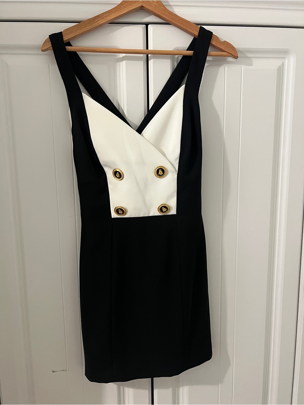 Christy Black and White Double-Breasted Mini Dress with Gold Buttons